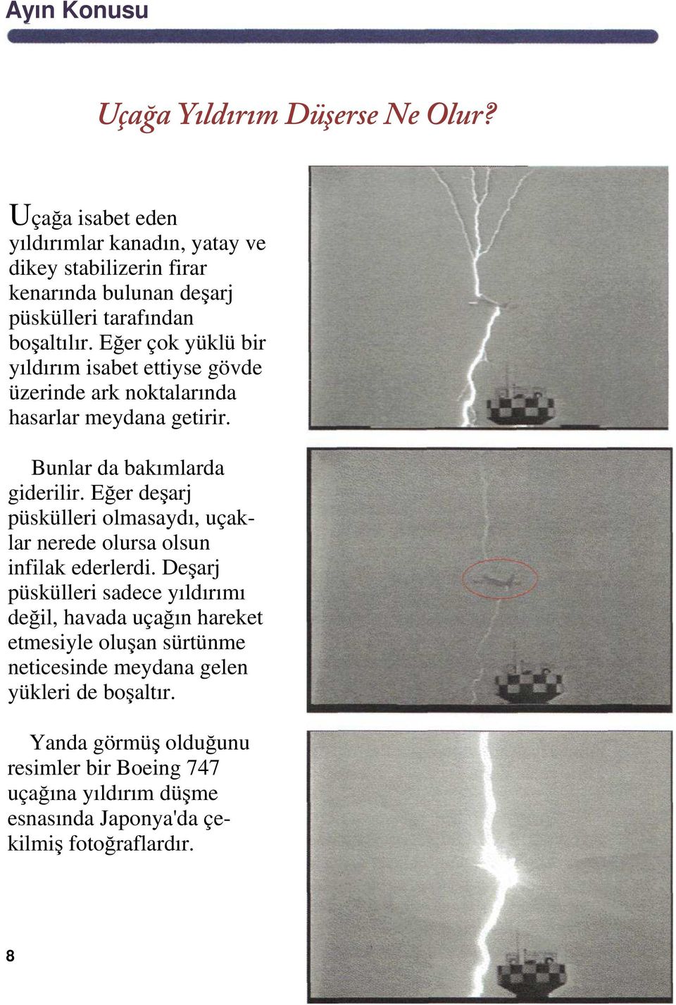 Eğer çok yüklü bir yıldırım isabet ettiyse gövde üzerinde ark noktalarında hasarlar meydana getirir. Bunlar da bakımlarda giderilir.