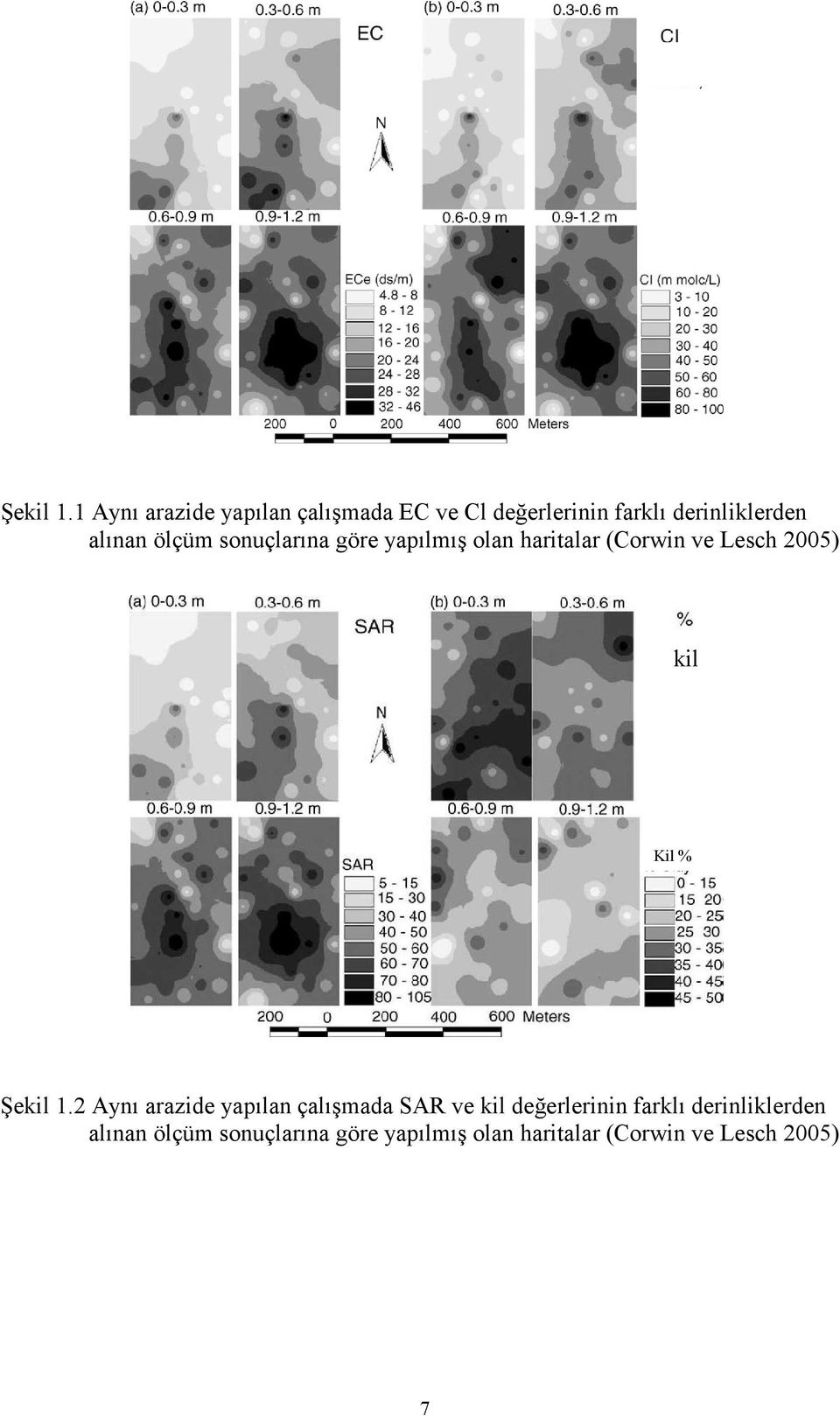 ölçüm sonuçlarına göre yapılmış olan haritalar (Corwin ve Lesch 2005) kil Kil % 2