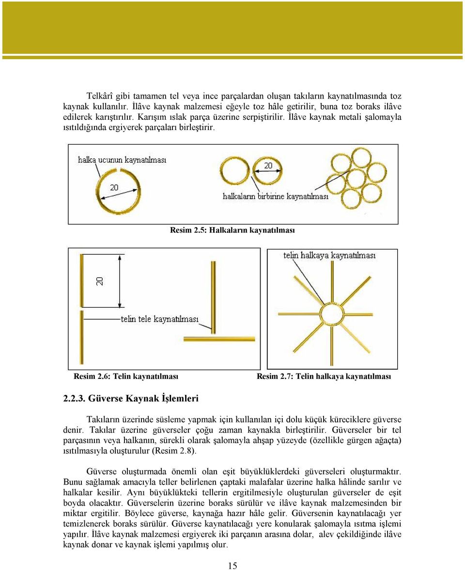 7: Telin halkaya kaynatılması 2.2.3. Güverse Kaynak İşlemleri Takıların üzerinde süsleme yapmak için kullanılan içi dolu küçük küreciklere güverse denir.