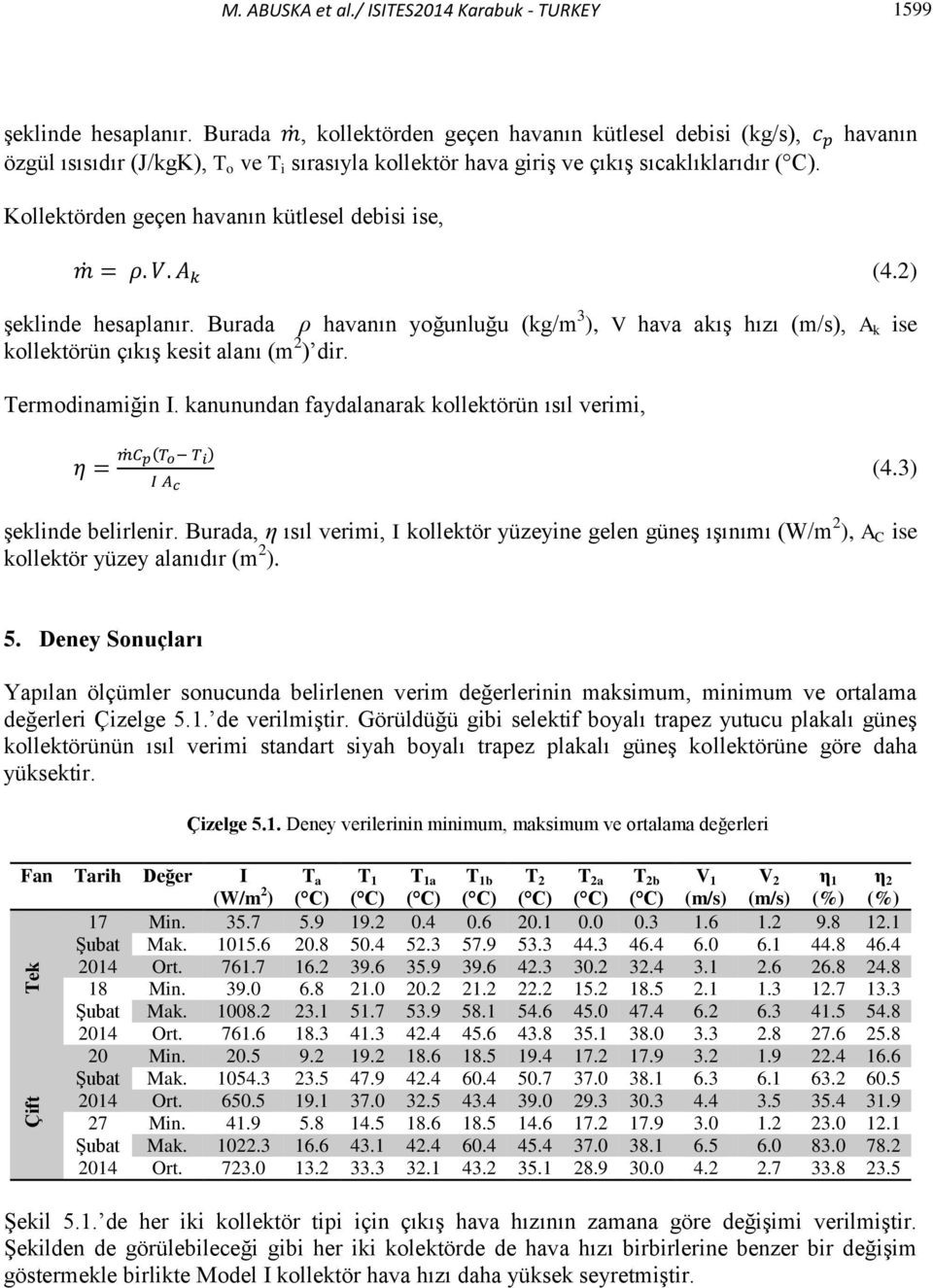 Kollektörden geçen havanın kütlesel debisi ise, (4.2) şeklinde hesaplanır. Burada ρ havanın yoğunluğu (kg/m 3 ), V hava akış hızı (m/s), A k ise kollektörün çıkış kesit alanı (m 2 ) dir.