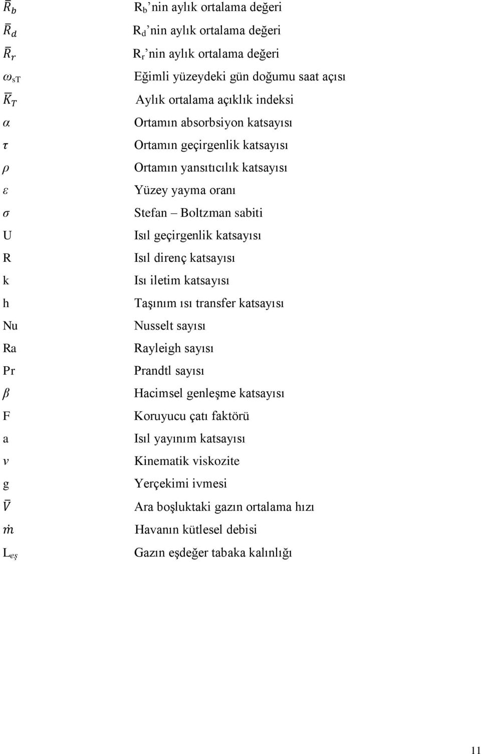 Isıl geçirgenlik katsayısı Isıl direnç katsayısı Isı iletim katsayısı Taşınım ısı transfer katsayısı Nusselt sayısı Rayleigh sayısı Prandtl sayısı Hacimsel genleşme