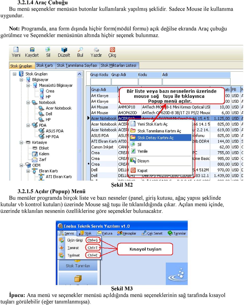 5 Açılır (Popup) Menü Bu menüler programda birçok liste ve bazı nesneler (panel, giriş kutusu, ağaç yapısı şeklinde kutular vb kontrol kutuları) üzerinde Mouse sağ tuşu ile