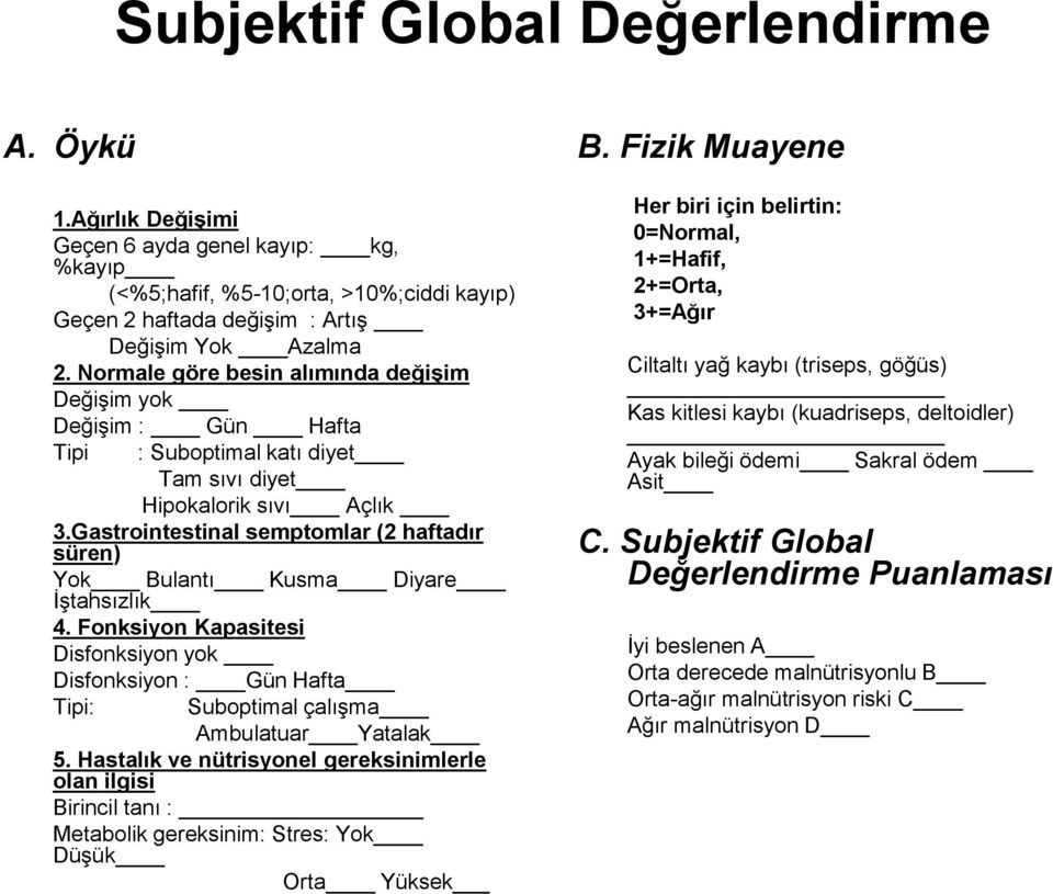 Gastrointestinal semptomlar (2 haftadır süren) Yok Bulantı Kusma Diyare İştahsızlık 4. Fonksiyon Kapasitesi Disfonksiyon yok Disfonksiyon : Gün Hafta Tipi: Suboptimal çalışma Ambulatuar Yatalak 5.