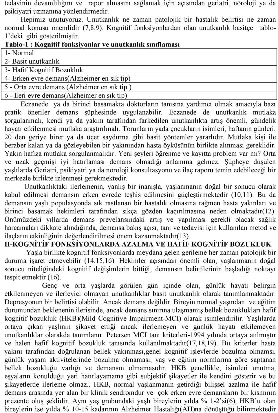 Tablo-1 : Kognitif fonksiyonlar ve unutkanlık sınıflaması 1- Normal 2- Basit unutkanlık 3- Hafif Kognitif Bozukluk 4- Erken evre demans(alzheimer en sık tip) 5 - Orta evre demans (Alzheimer en sık