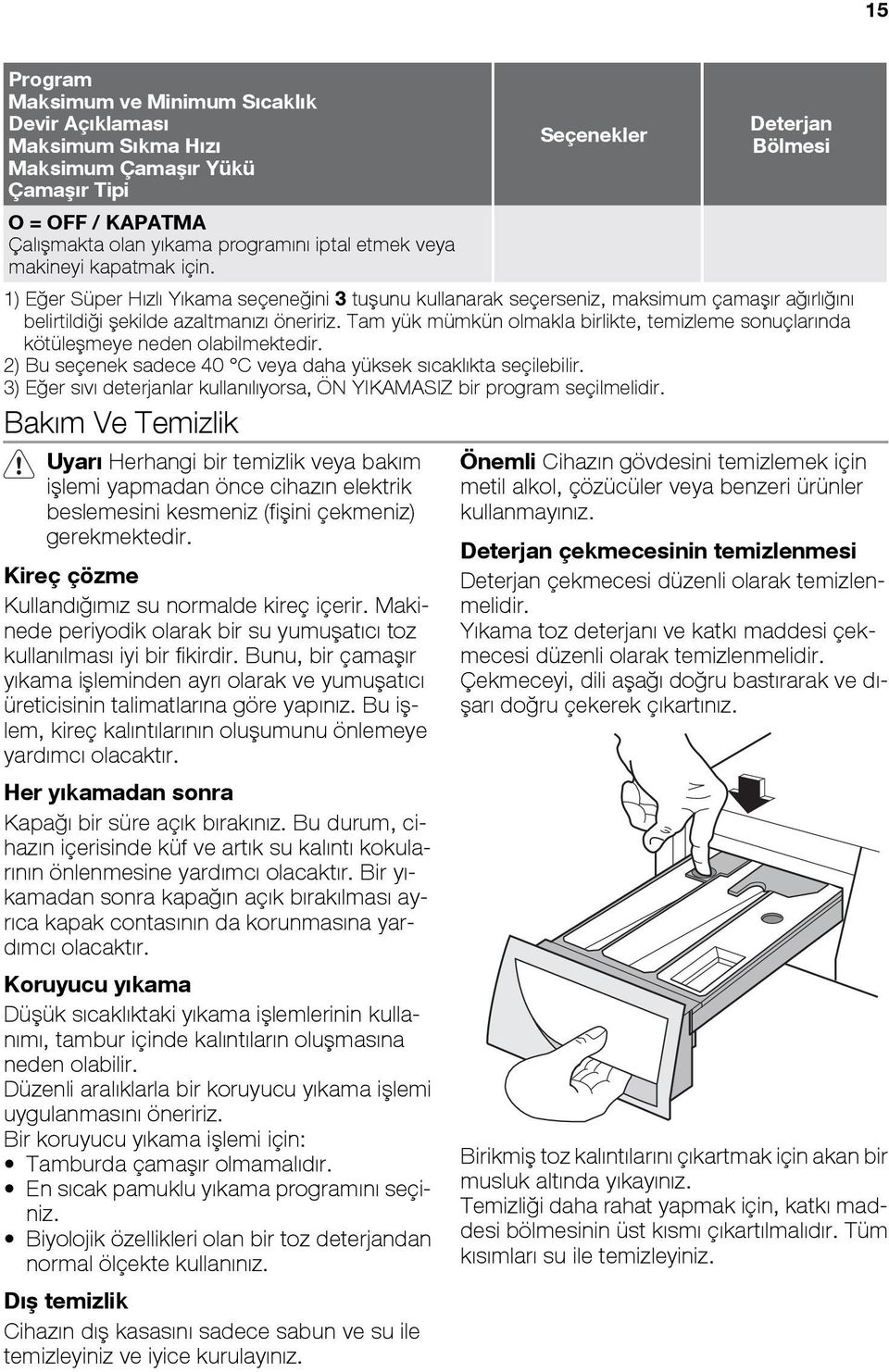 Tam yük mümkün olmakla birlikte, temizleme sonuçlarında kötüleşmeye neden olabilmektedir. 2) Bu seçenek sadece 40 C veya daha yüksek sıcaklıkta seçilebilir.