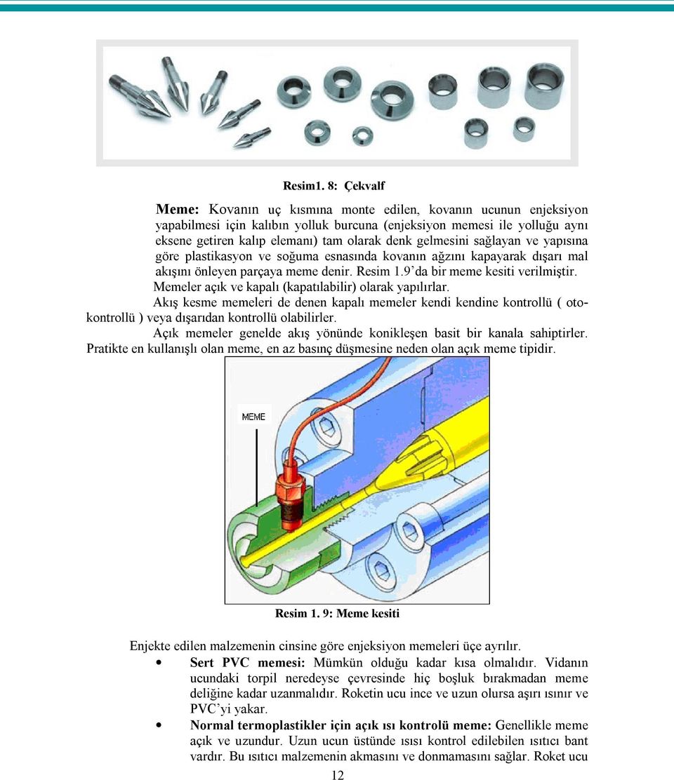 gelmesini sağlayan ve yapısına göre plastikasyon ve soğuma esnasında kovanın ağzını kapayarak dışarı mal akışını önleyen parçaya meme denir. Resim 1.9 da bir meme kesiti verilmiştir.