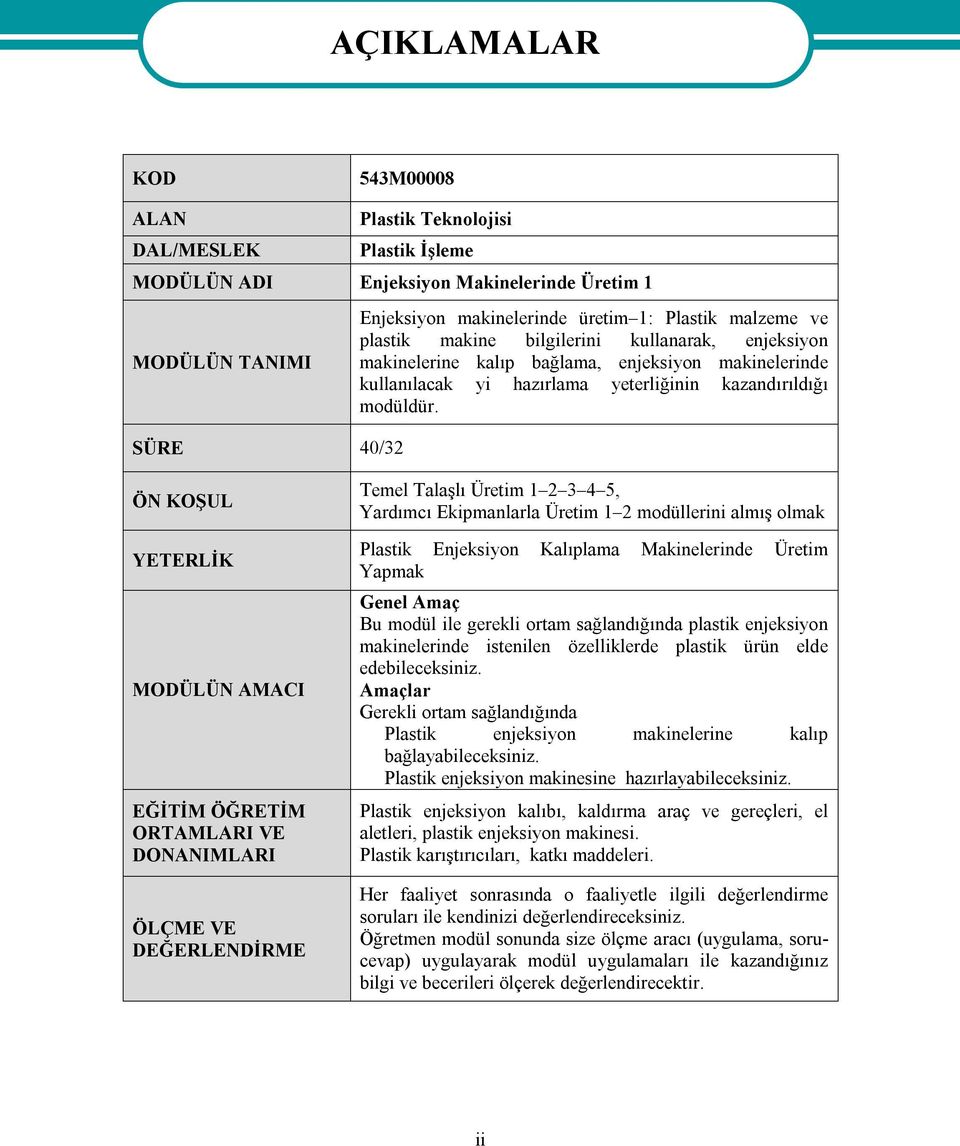 ÖN KOŞUL YETERLİK MODÜLÜN AMACI EĞİTİM ÖĞRETİM ORTAMLARI VE DONANIMLARI ÖLÇME VE DEĞERLENDİRME Temel Talaşlı Üretim 1 2 3 4 5, Yardımcı Ekipmanlarla Üretim 1 2 modüllerini almış olmak Plastik