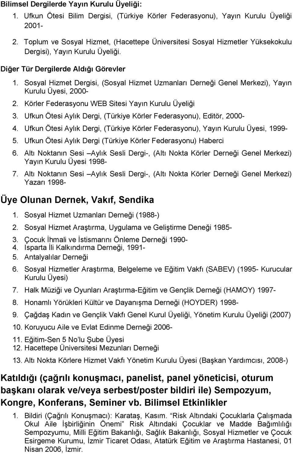 Sosyal Hizmet Dergisi, (Sosyal Hizmet Uzmanları Derneği Genel Merkezi), Yayın Kurulu Üyesi, 2000-2. Körler Federasyonu WEB Sitesi Yayın Kurulu Üyeliği 3.