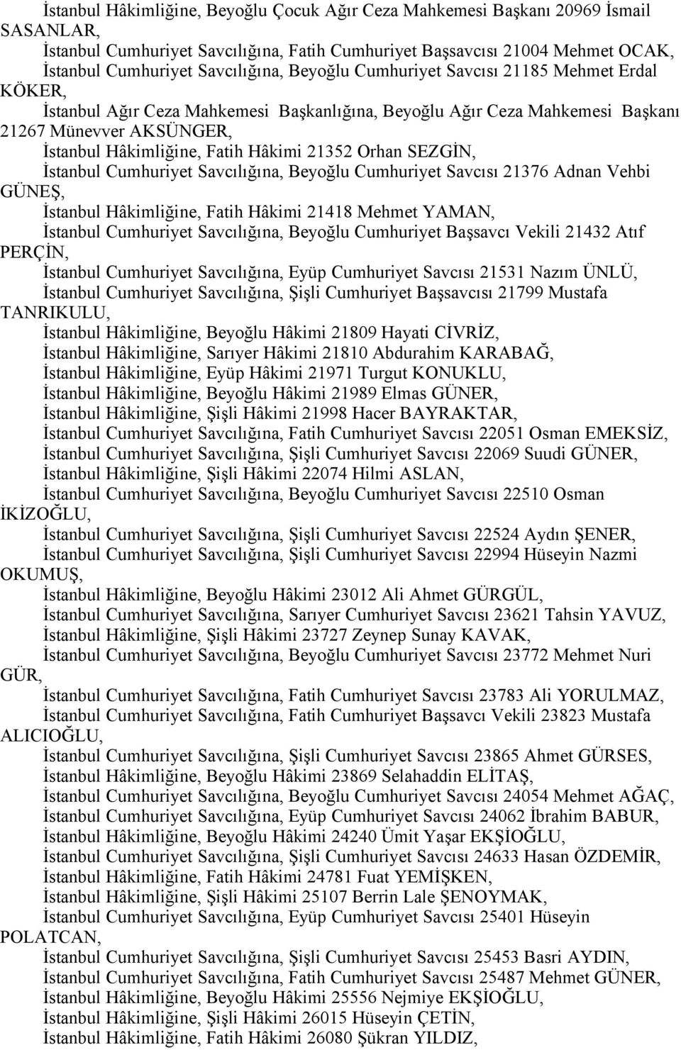 Orhan SEZGİN, İstanbul Cumhuriyet Savcılığına, Beyoğlu Cumhuriyet Savcısı 21376 Adnan Vehbi GÜNEŞ, İstanbul Hâkimliğine, Fatih Hâkimi 21418 Mehmet YAMAN, İstanbul Cumhuriyet Savcılığına, Beyoğlu