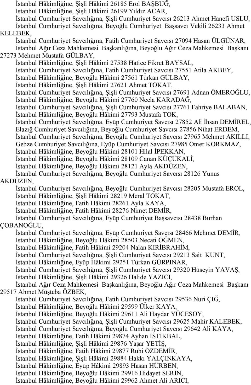 Başkanlığına, Beyoğlu Ağır Ceza Mahkemesi Başkanı 27273 Mehmet Mustafa GÜLBAY, İstanbul Hâkimliğine, Şişli Hâkimi 27538 Hatice Fikret BAYSAL, İstanbul Cumhuriyet Savcılığına, Fatih Cumhuriyet Savcısı