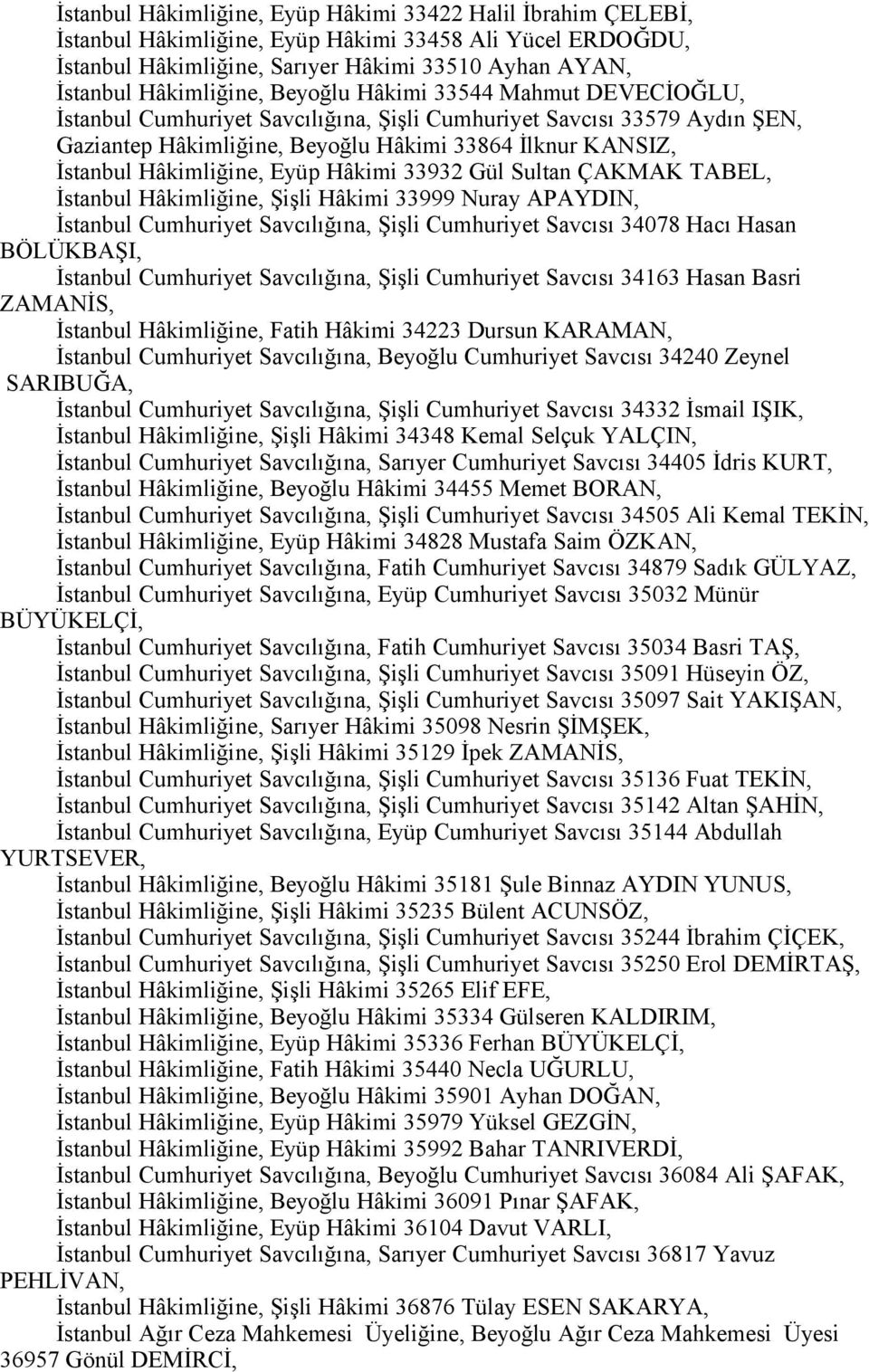 Eyüp Hâkimi 33932 Gül Sultan ÇAKMAK TABEL, İstanbul Hâkimliğine, Şişli Hâkimi 33999 Nuray APAYDIN, İstanbul Cumhuriyet Savcılığına, Şişli Cumhuriyet Savcısı 34078 Hacı Hasan BÖLÜKBAŞI, İstanbul