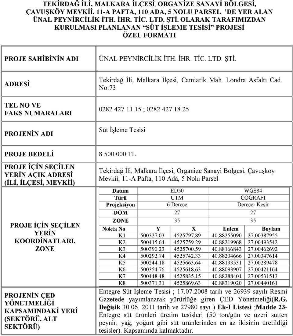 ADRESİ TEL NO VE FAKS NUMARALARI PROJENİN ADI Tekirdağ İli, Malkara İlçesi, Camiatik Mah. Londra Asfaltı Cad.