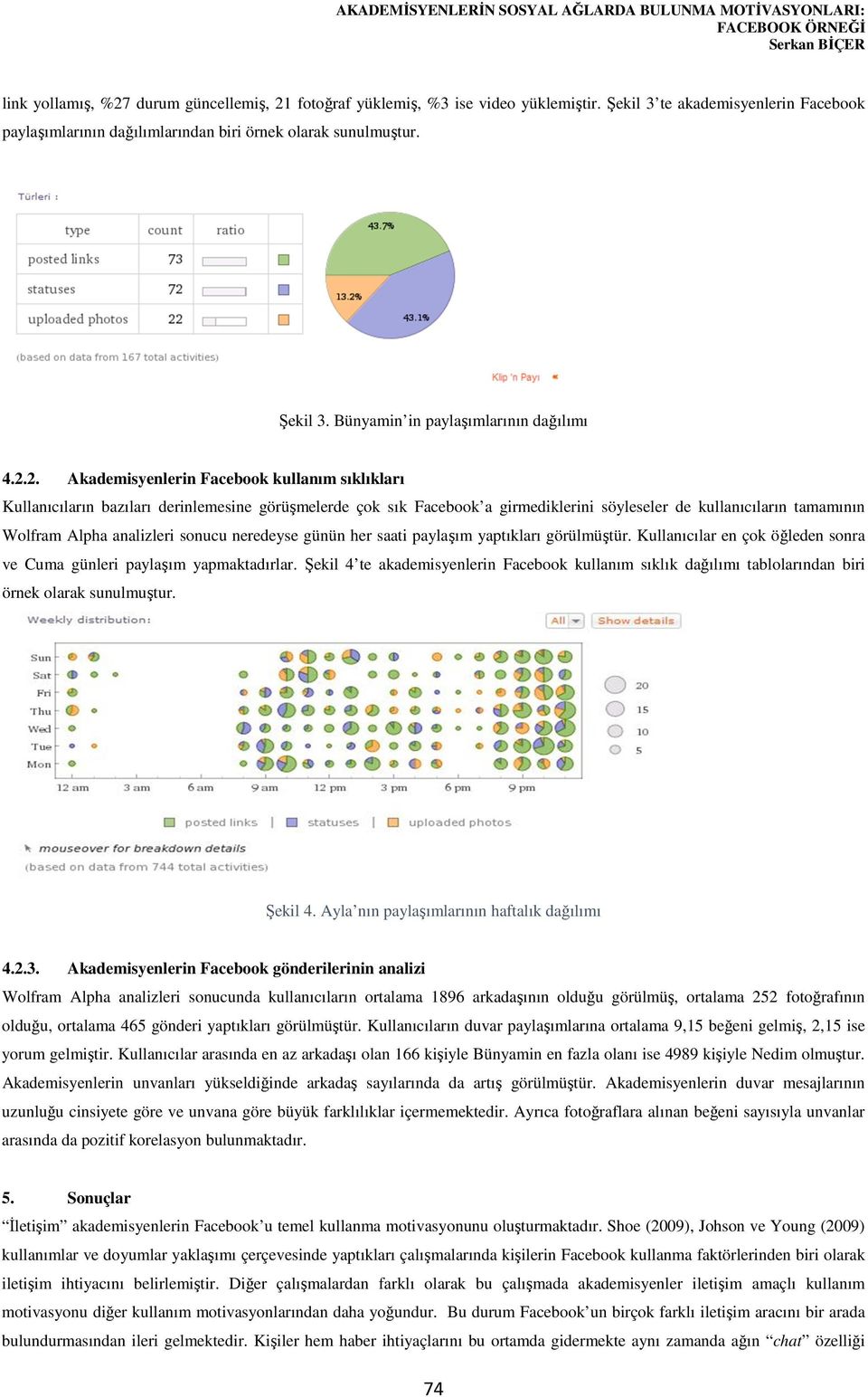 2. Akademisyenlerin Facebook kullanım sıklıkları Kullanıcıların bazıları derinlemesine görüşmelerde çok sık Facebook a girmediklerini söyleseler de kullanıcıların tamamının Wolfram Alpha analizleri