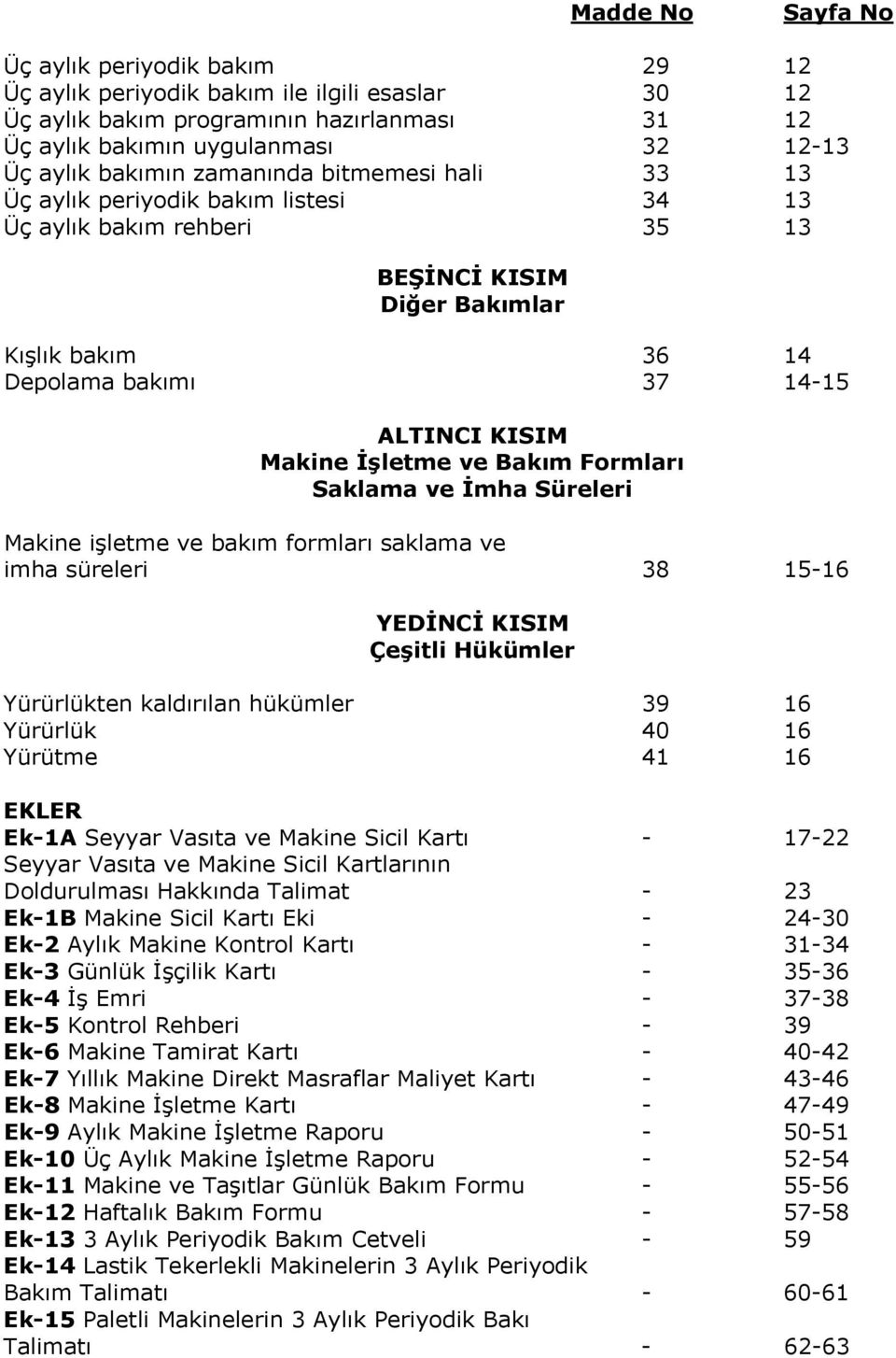 İşletme ve Bakım Formları Saklama ve İmha Süreleri Makine işletme ve bakım formları saklama ve imha süreleri 38 15-16 YEDİNCİ KISIM Çeşitli Hükümler Yürürlükten kaldırılan hükümler 39 16 Yürürlük 40