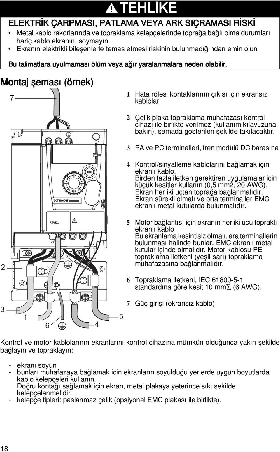 Montaj flemas (örnek) 7 1 Hata rölesi kontaklar n n ç k fl için ekrans z kablolar 2 Çelik plaka topraklama muhafazas kontrol cihaz ile birlikte verilmez (kullan m k lavuzuna bak n), flemada