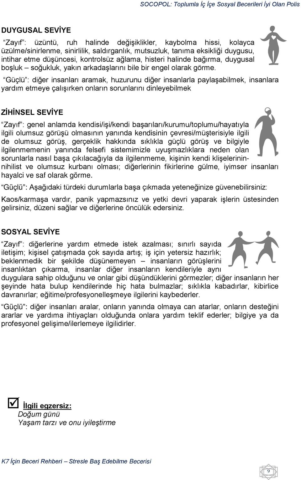 Güçlü : diğer insanları aramak, huzurunu diğer insanlarla paylaşabilmek, insanlara yardım etmeye çalışırken onların sorunlarını dinleyebilmek ZİHİNSEL SEVİYE Zayıf : genel anlamda kendisi/işi/kendi