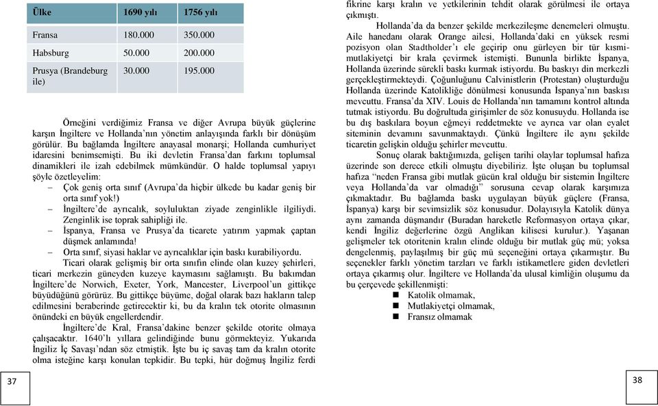 Bu bağlamda İngiltere anayasal monarşi; Hollanda cumhuriyet idaresini benimsemişti. Bu iki devletin Fransa dan farkını toplumsal dinamikleri ile izah edebilmek mümkündür.