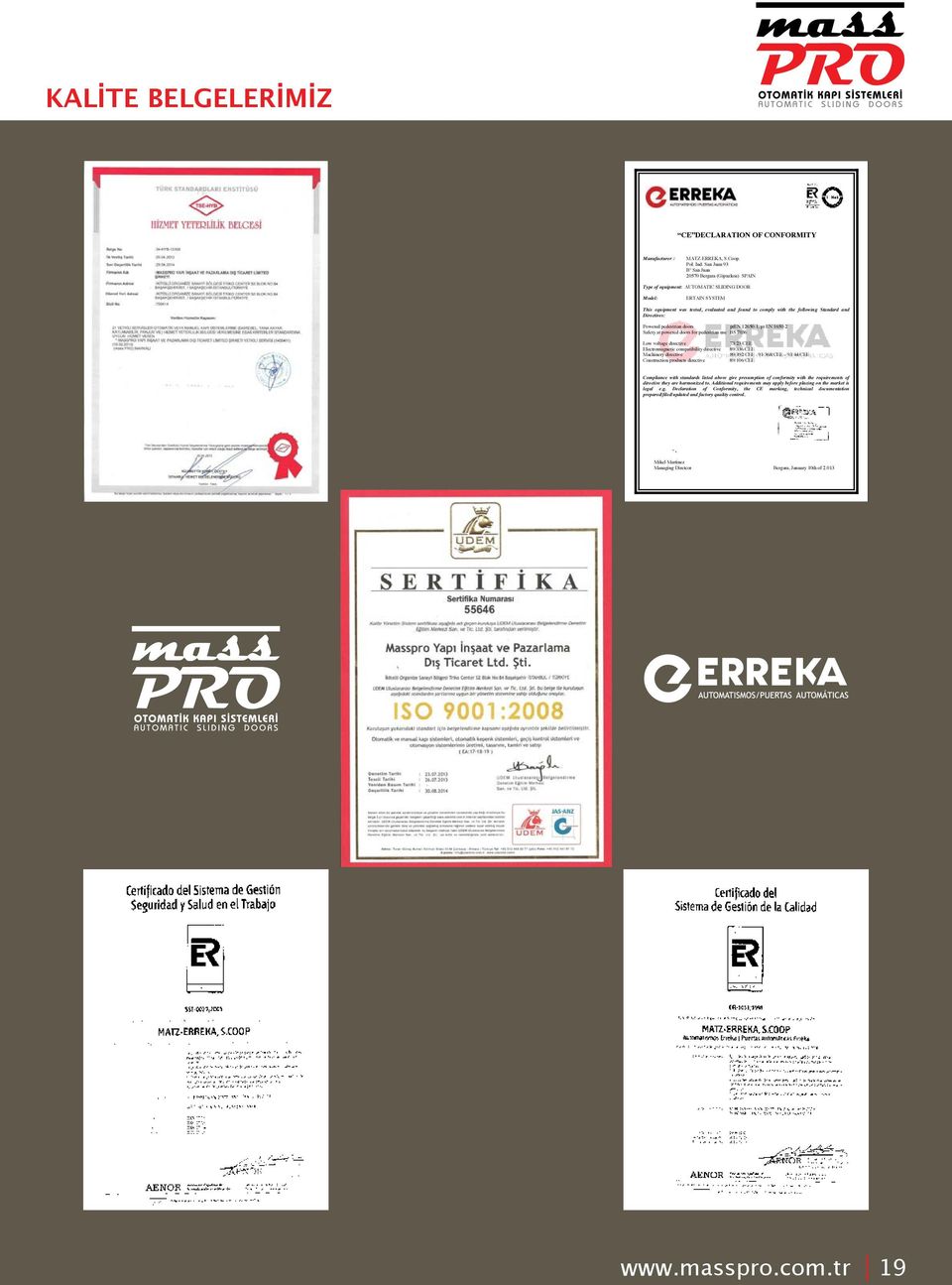 Standard and Directives: Powered pedestrian doors pren 12650-1, pr EN 1650-2 Safety at powered doors for pedestrian use BS 7036 Low voltage directive Electromagnetic compatibility directive Machinery