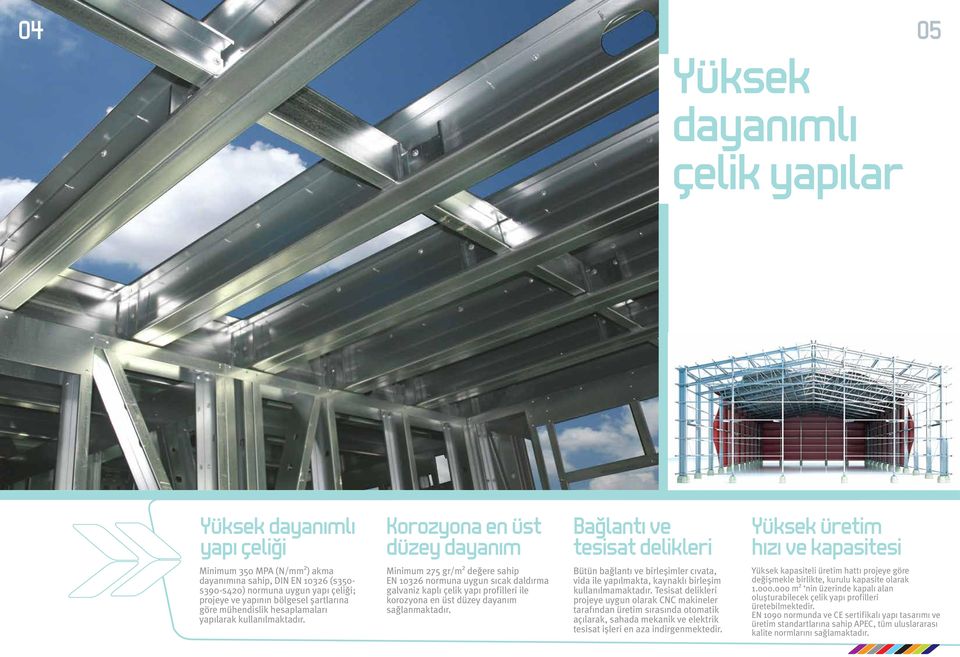 Minimum 275 gr/m² değere sahip EN 10326 normuna uygun sıcak daldırma galvaniz kaplı çelik yapı profilleri ile korozyona en üst düzey dayanım sağlanmaktadır.