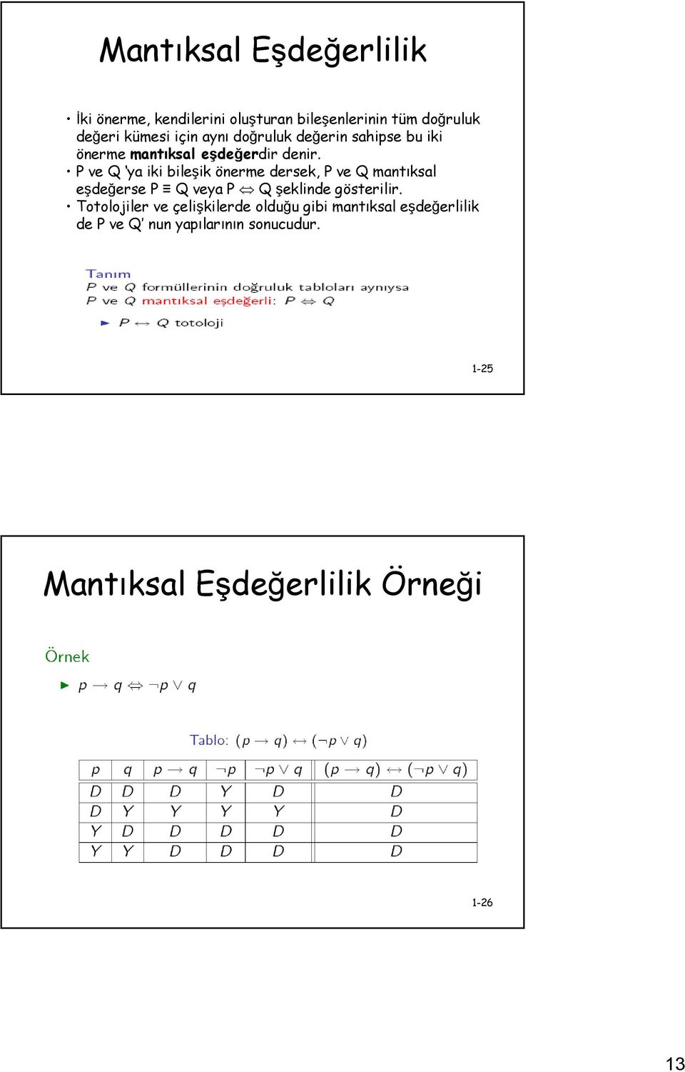 P ve Q ya iki bileşik önerme dersek, P ve Q mantıksal eşdeğerse P Q veya P Q şeklinde gösterilir.