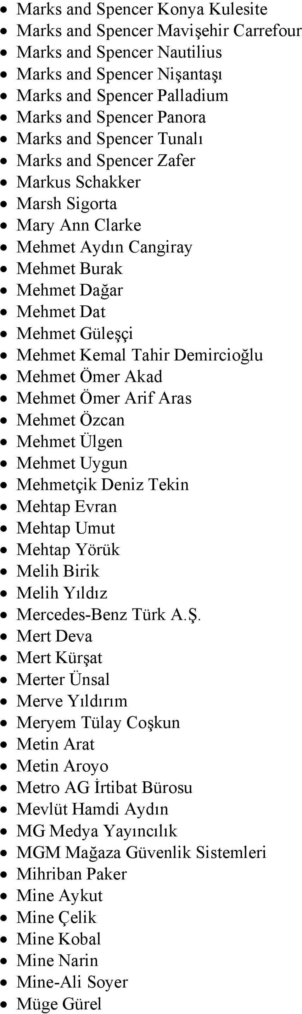 Mehmet Ömer Arif Aras Mehmet Özcan Mehmet Ülgen Mehmet Uygun Mehmetçik Deniz Tekin Mehtap Evran Mehtap Umut Mehtap Yörük Melih Birik Melih Yıldız Mercedes-Benz Türk A.Ş.