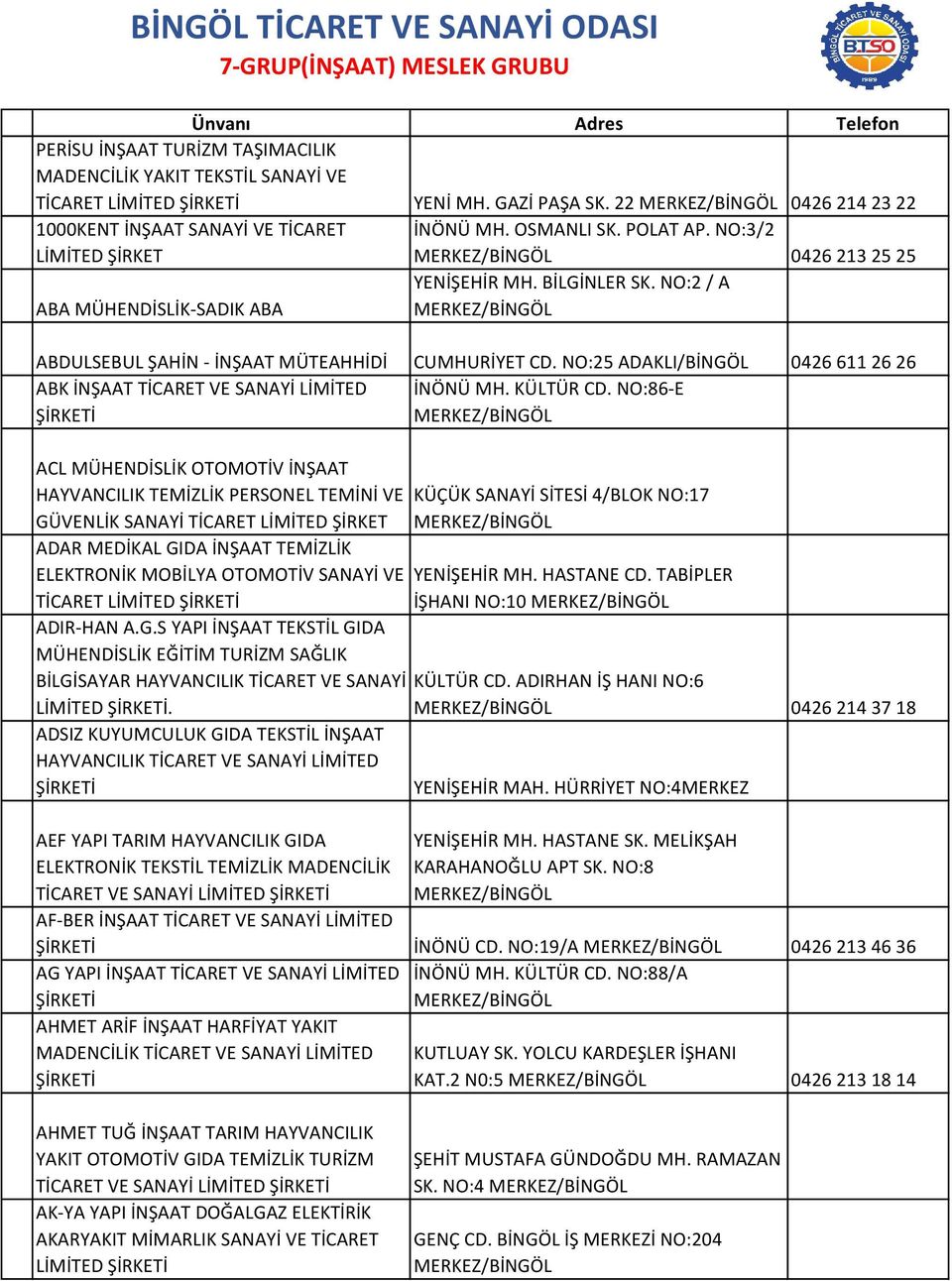 NO:2 / A ABDULSEBUL ŞAHİN - İNŞAAT MÜTEAHHİDİ CUMHURİYET CD. NO:25 ADAKLI/BİNGÖL 0426 611 26 26 ABK İNŞAAT TİCARET VE SANAYİ LİMİTED İNÖNÜ MH. KÜLTÜR CD.