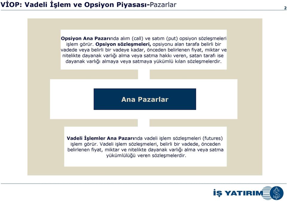 veya satma hakkı veren, satan tarafı ise dayanak varlığı almaya veya satmaya yükümlü kılan sözleşmelerdir.