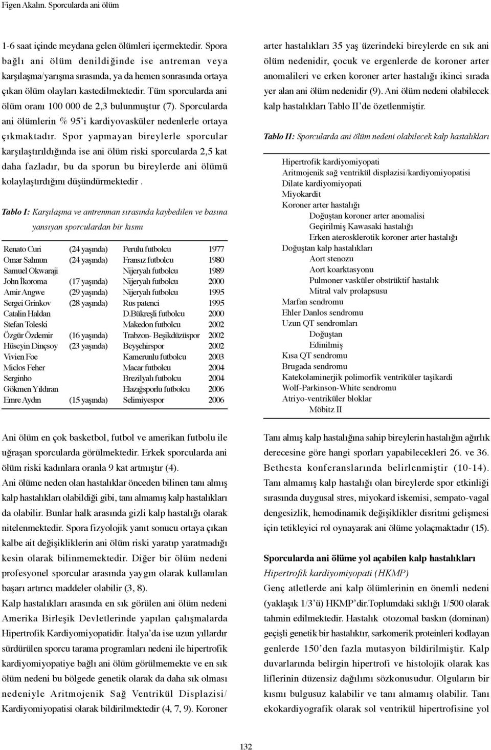 Tüm sporcularda ani ölüm oranı 100 000 de 2,3 bulunmuştur (7). Sporcularda ani ölümlerin % 95 i kardiyovasküler nedenlerle ortaya çıkmaktadır.