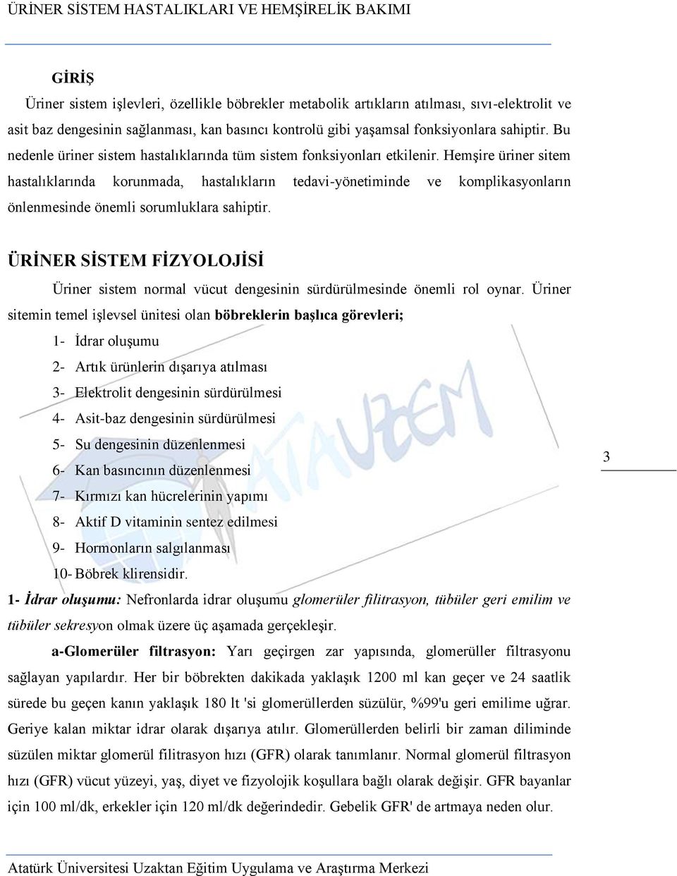 Hemşire üriner sitem hastalıklarında korunmada, hastalıkların tedavi-yönetiminde ve komplikasyonların önlenmesinde önemli sorumluklara sahiptir.