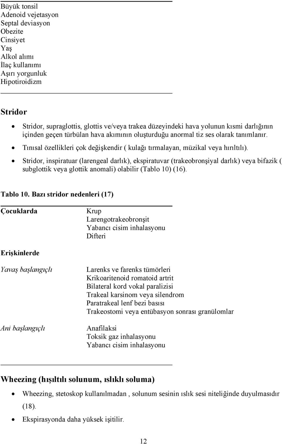 Stridor, inspiratuar (larengeal darlık), ekspiratuvar (trakeobronşiyal darlık) veya bifazik ( subglottik veya glottik anomali) olabilir (Tablo 10) (16). Tablo 10.