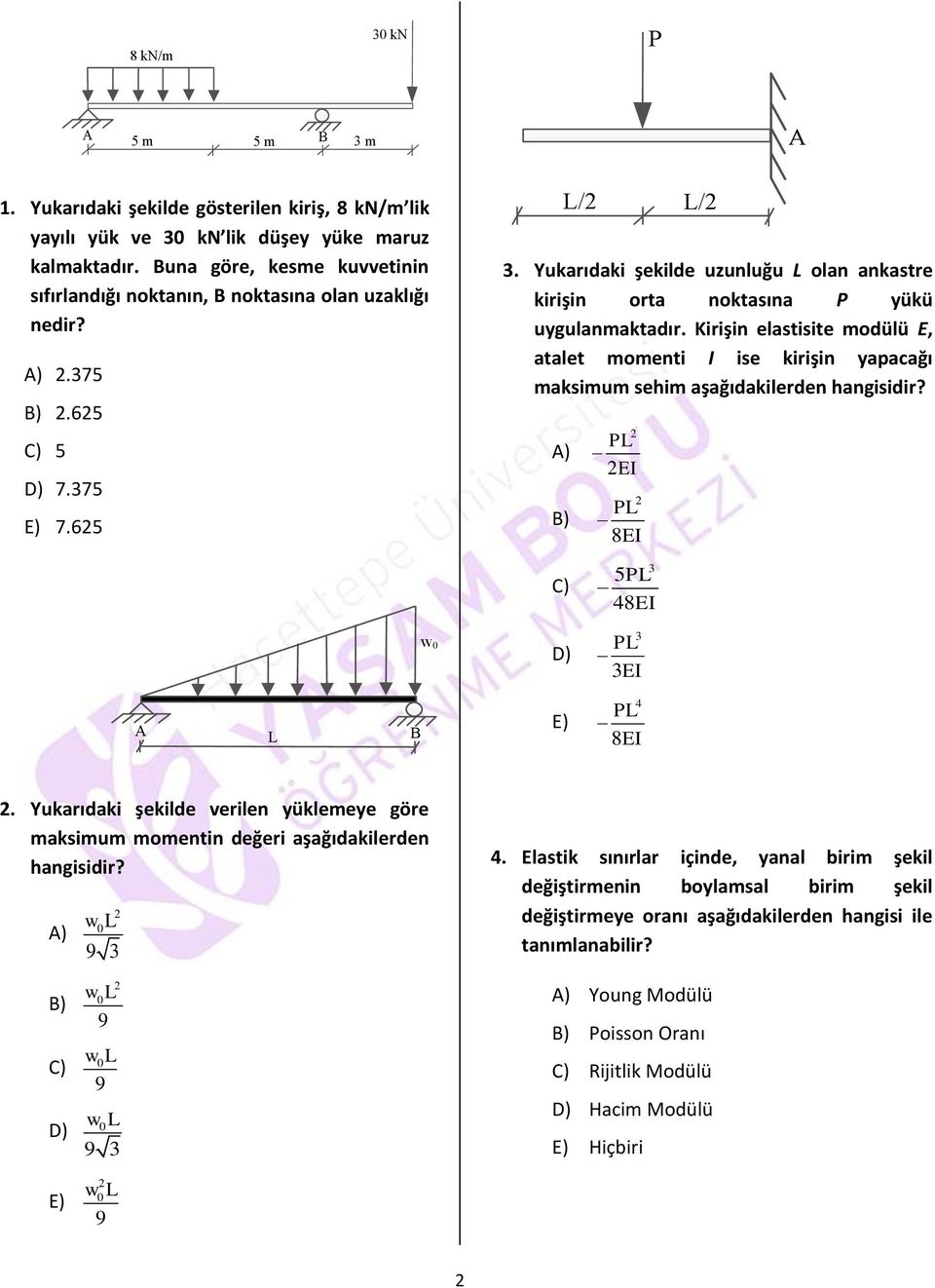 Yukarıdaki şekilde uzunluğu L olan ankastre kirişin orta noktasına P yükü uygulanmaktadır. Kirişin elastisite modülü E, atalet momenti I ise kirişin yapacağı maksimum sehim aşağıdakilerden hangisidir?