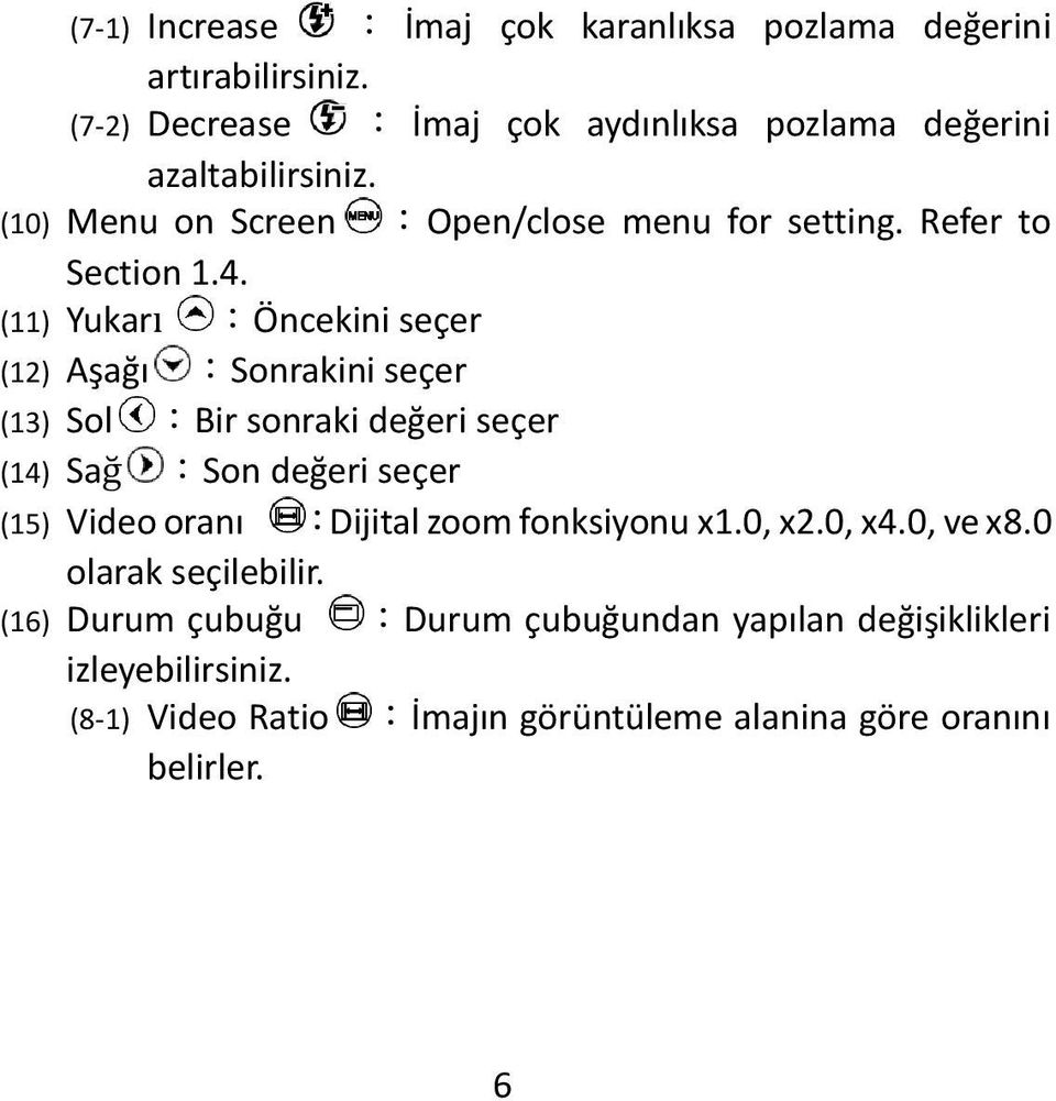 (11) Yukarı :Öncekini seçer (12) Aşağı :Sonrakini seçer (13) Sol :Bir sonraki değeri seçer (14) Sağ :Son değeri seçer (15) Video oranı