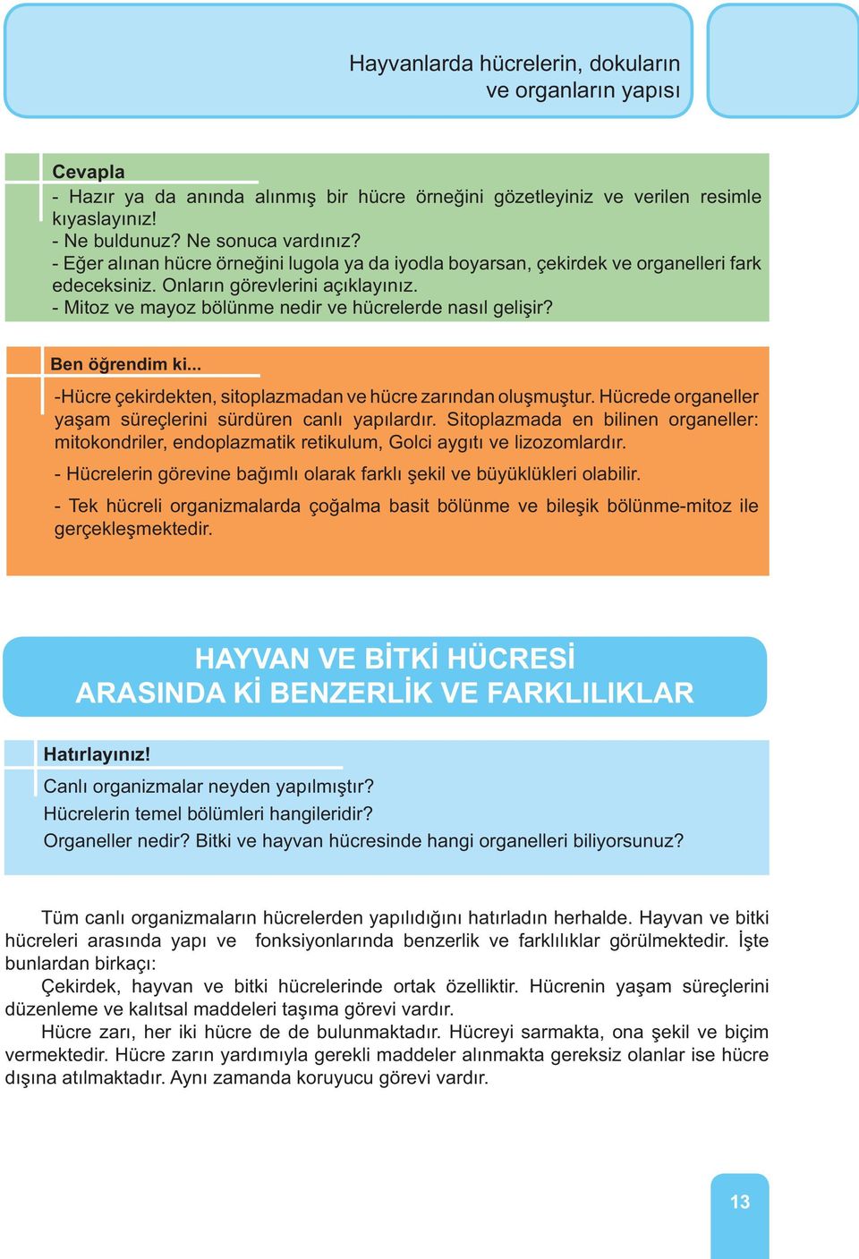 Ben öğrendim ki... -Hücre çekirdekten, sitoplazmadan ve hücre zarından oluşmuştur. Hücrede organeller yaşam süreçlerini sürdüren canlı yapılardır.