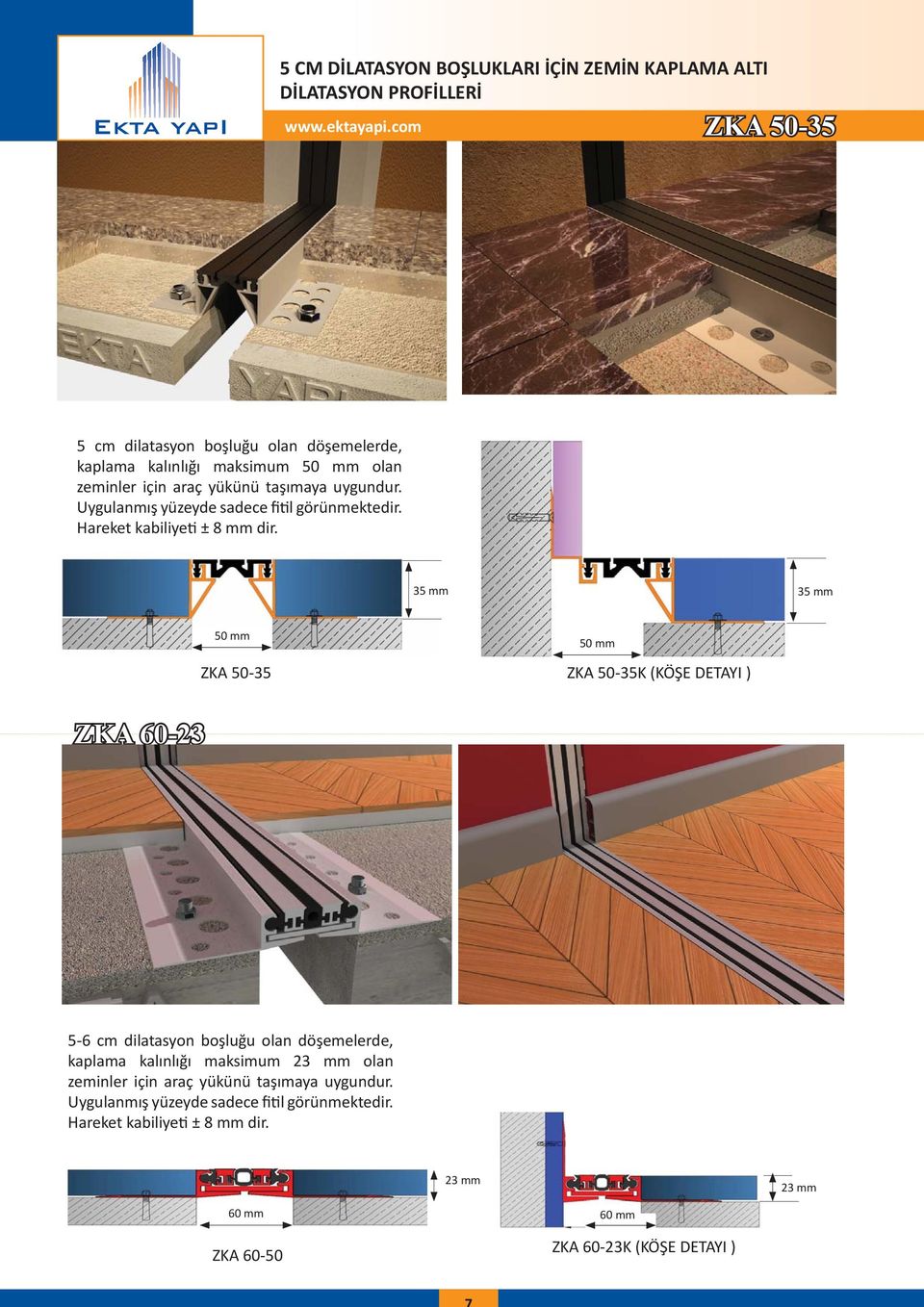 35 mm 35 mm ZKA 50-35 ZKA 50-35K (KÖŞE DETAYI ) ZKA 60-23 5-6 cm dilatasyon boşluğu olan döşemelerde, kaplama kalınlığı maksimum 23 mm olan