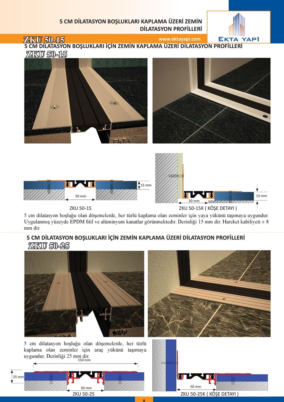 Uygulanmış yüzeyde EPDM fitil ve alüminyum kanatlar görünmektedir. Derinliği 15 mm dir. Hareket kabiliyeti ± 8 mm dir.