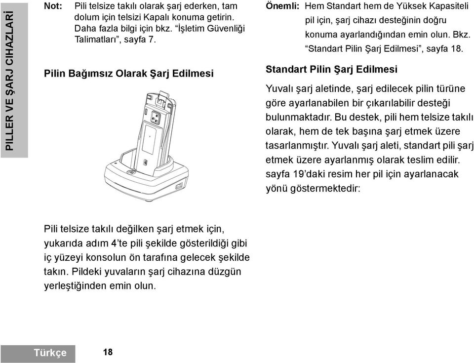 Standart Pilin Şarj Edilmesi Yuvalı şarj aletinde, şarj edilecek pilin türüne göre ayarlanabilen bir çıkarılabilir desteği bulunmaktadır.