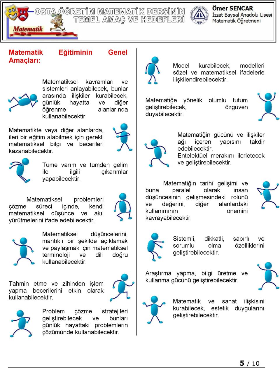 Matematiksel problemleri çözme süreci içinde, kendi matematiksel düşünce ve akıl yürütmelerini ifade edebilecektir.