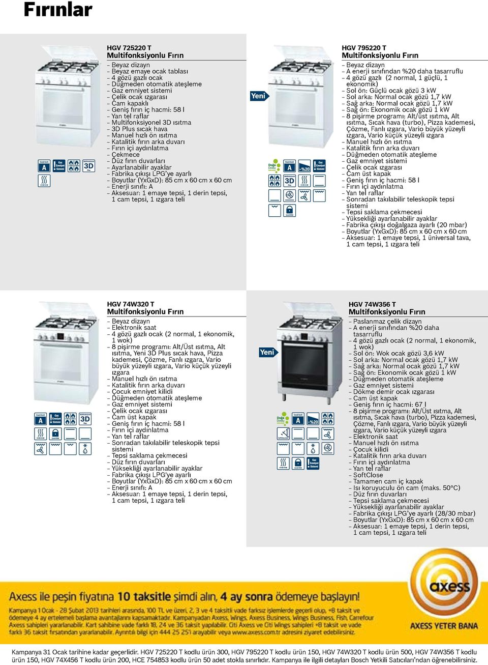 ekonomik) Sol ön: Güçlü ocak gözü 3 kw Sol arka: Normal ocak gözü 1,7 kw Sağ arka: Normal ocak gözü 1,7 kw Sağ ön: Ekonomik ocak gözü 1 kw 8 pişirme programı: Alt/üst ısıtma, Alt ısıtma, Sıcak hava