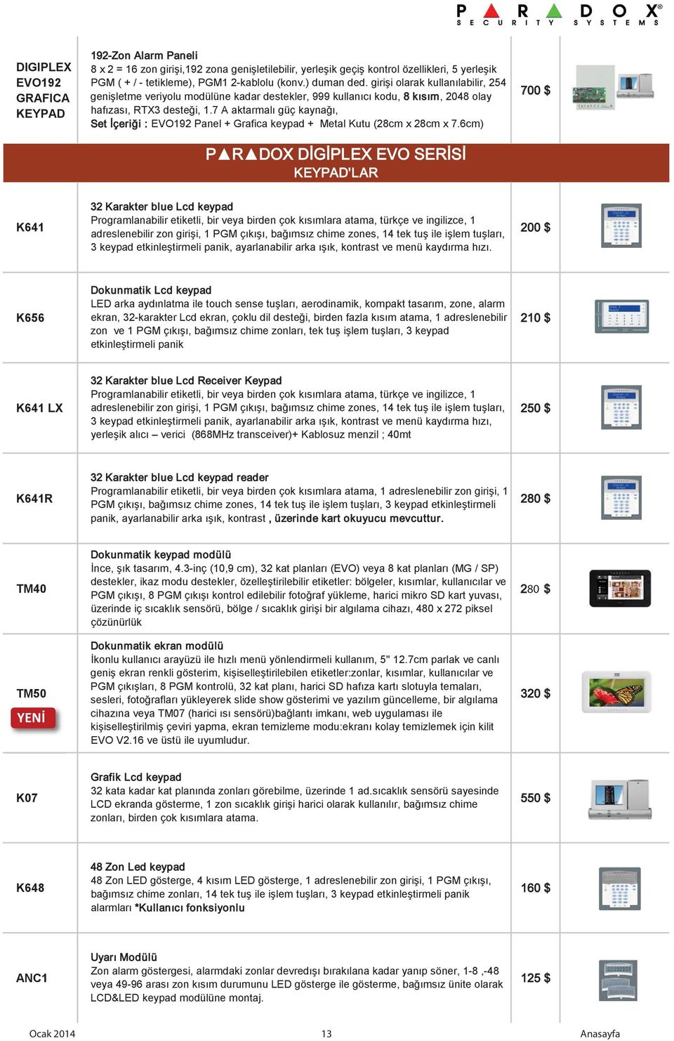 7 A aktarmalı güç kaynağı, Set İçeriği : EVO192 Panel + Grafica keypad + Metal Kutu (28cm x 28cm x 7.