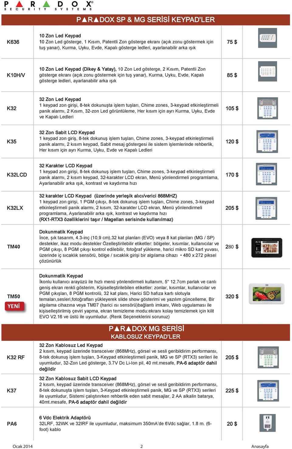 85 $ gösterge ledleri, ayarlanabilir arka ışık 32 Zon Led Keypad K32 1 keypad zon girişi, 8-tek dokunuşta işlem tuşları, Chime zones, 3-keypad etkinleştirmeli panik alarmı, 2 Kısım, 32-zon Led