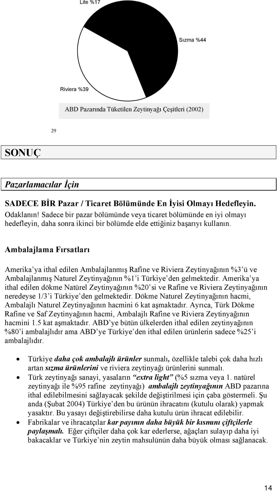 Ambalajlama Fırsatları Amerika ya ithal edilen Ambalajlanmış Rafine ve Riviera Zeytinyağının %3 ü ve Ambalajlanmış Naturel Zeytinyağının %1 i Türkiye den gelmektedir.