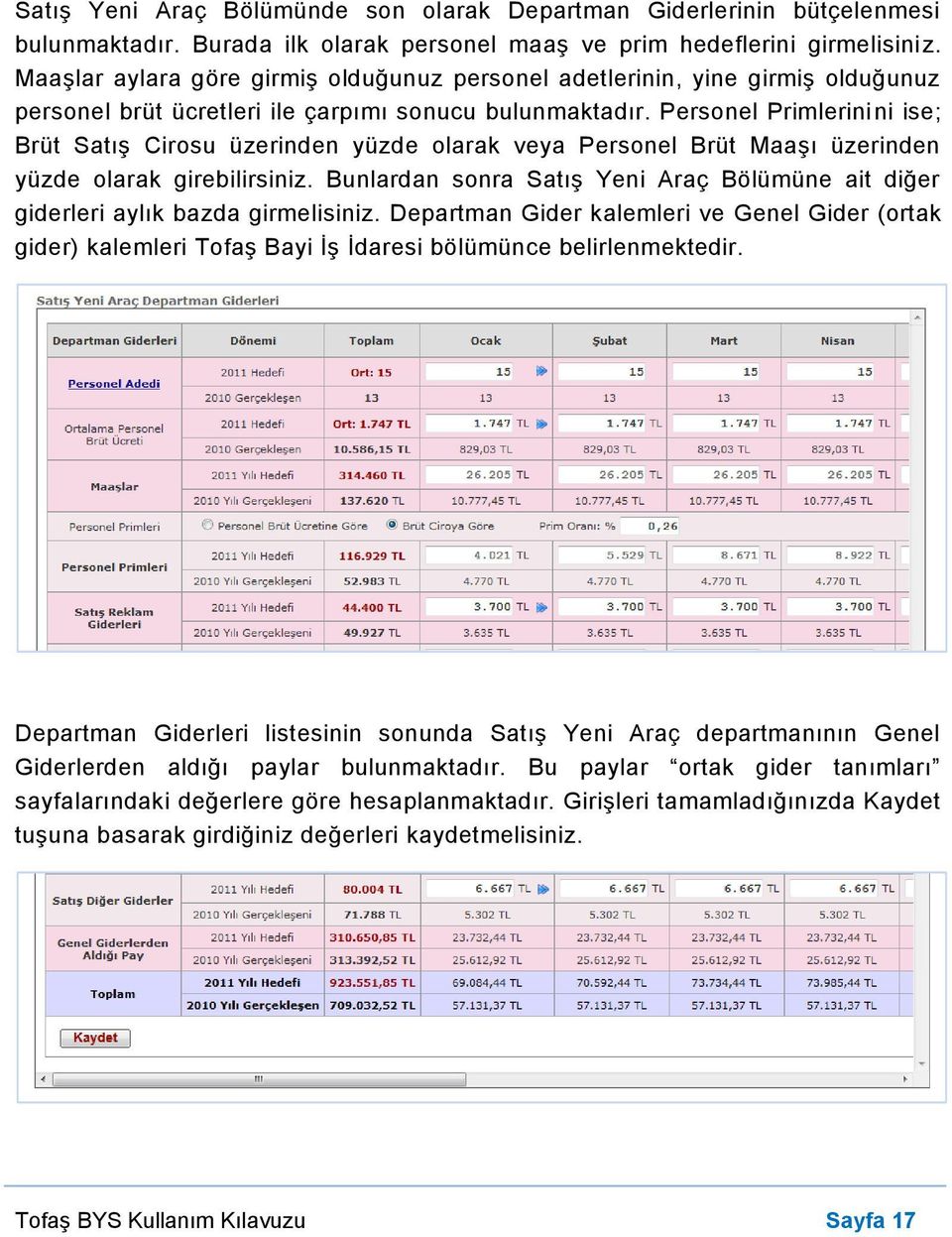 Personel Primlerinini ise; Brüt Satış Cirosu üzerinden yüzde olarak veya Personel Brüt Maaşı üzerinden yüzde olarak girebilirsiniz.