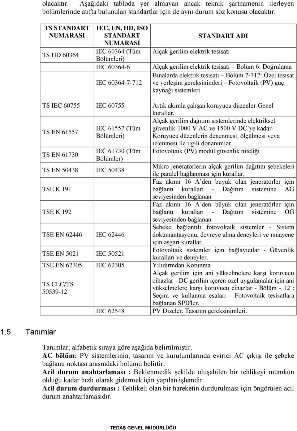 Bölüm 6: Doğrulama Binalarda elektrik tesisatı Bölüm 7 712: Özel tesisat ve yerleşim gereksinimleri Fotovoltaik (PV) güç kaynağı sistemleri TS IEC 60755 IEC 60755 Artık akımla çalışan koruyucu