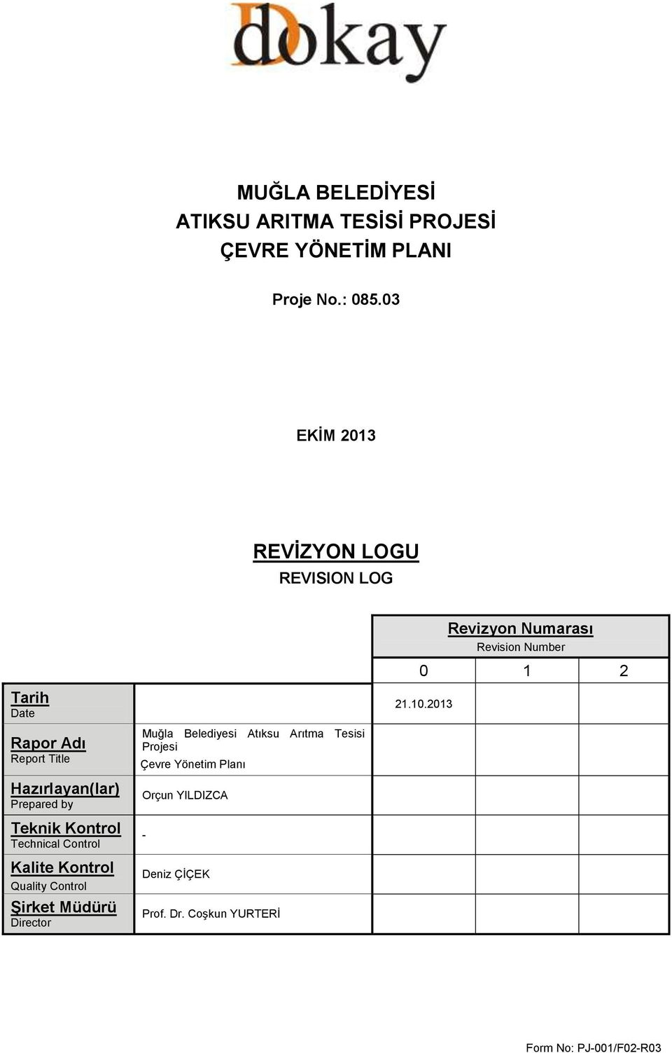 2013 Rapor Adı Report Title Hazırlayan(lar) Prepared by Teknik Kontrol Technical Control Kalite Kontrol