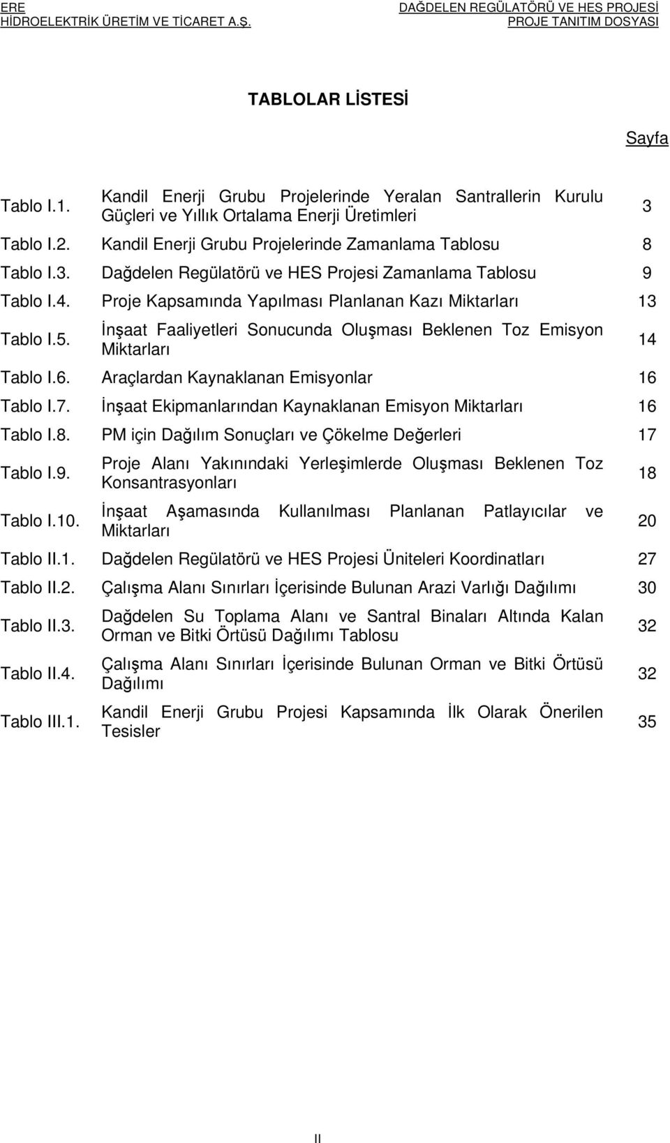 İnşaat Faaliyetleri Sonucunda Oluşması Beklenen Toz Emisyon Miktarları Tablo I.6. Araçlardan Kaynaklanan Emisyonlar 16 Tablo I.7. İnşaat Ekipmanlarından Kaynaklanan Emisyon Miktarları 16 Tablo I.8.