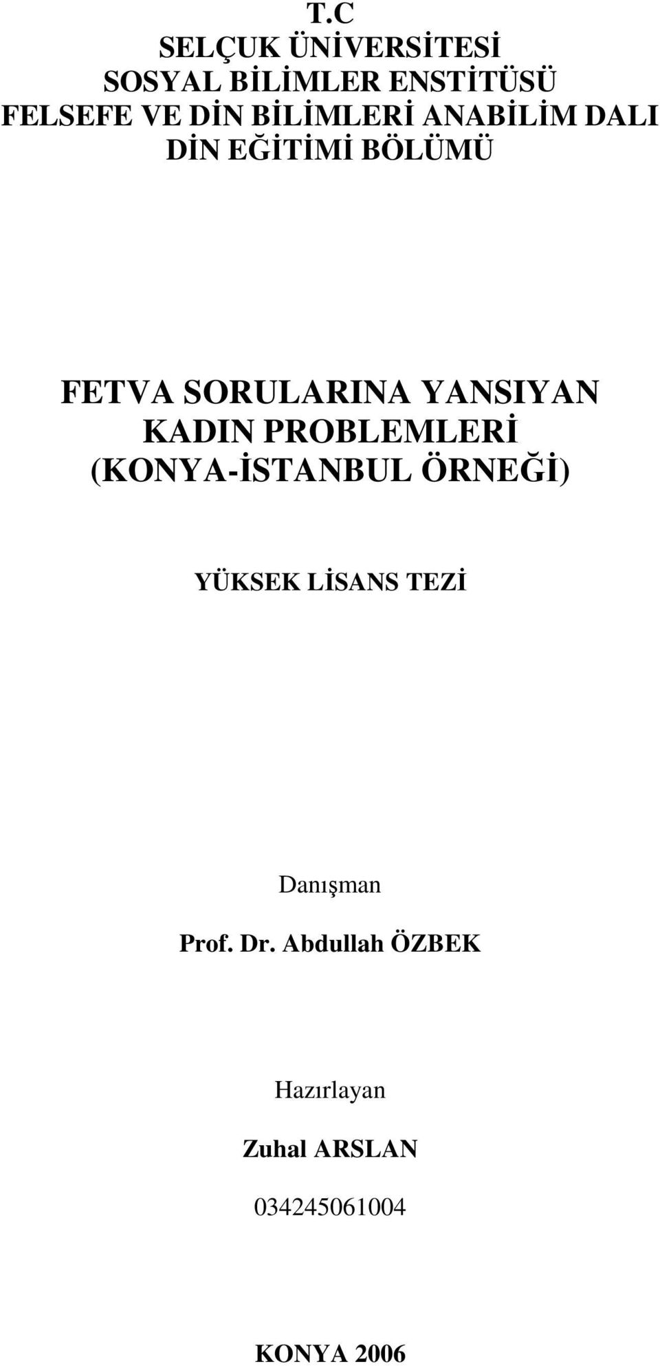 KADIN PROBLEMLERİ (KONYA-İSTANBUL ÖRNEĞİ) YÜKSEK LİSANS TEZİ