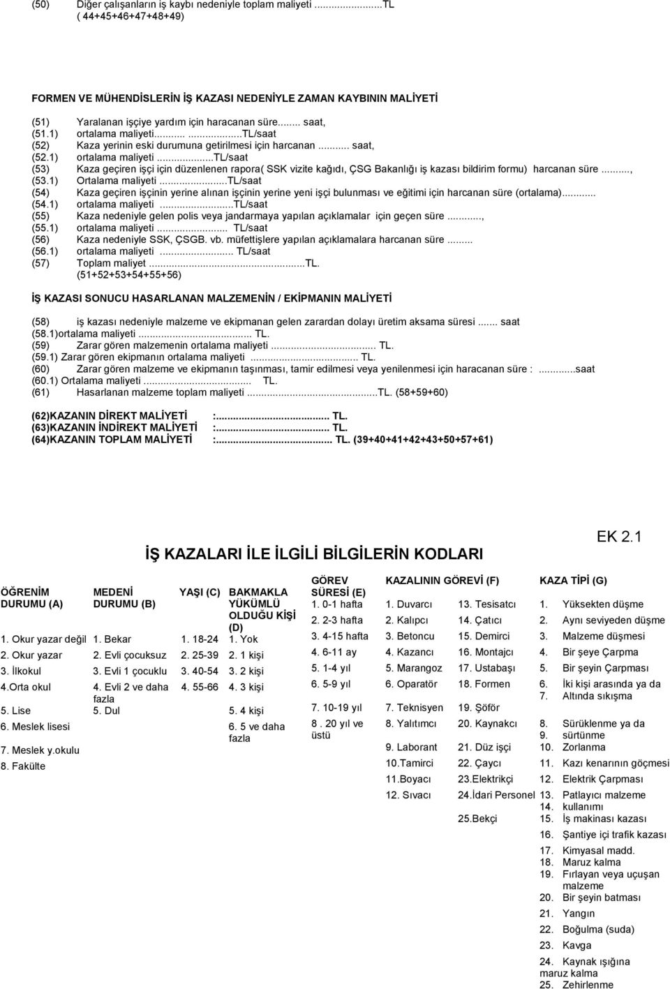 .., (53.1) Ortalama maliyeti...tl/saat (54) Kaza geçiren işçinin yerine alınan işçinin yerine yeni işçi bulunması ve eğitimi için harcanan süre (ortalama)... (54.1) ortalama maliyeti.