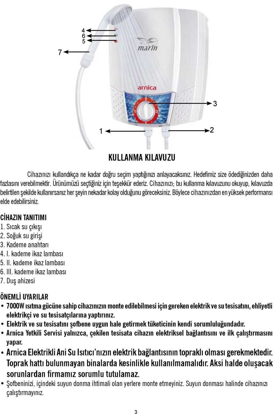 Böylece cihazınızdan en yüksek performansý elde edebilirsiniz. CİHAZIN TANITIMI 1. Sıcak su çıkışı 2. Soğuk su girişi 3. Kademe anahtarı 4. I. kademe ikaz lambası 5. II. kademe ikaz lambası 6. III.