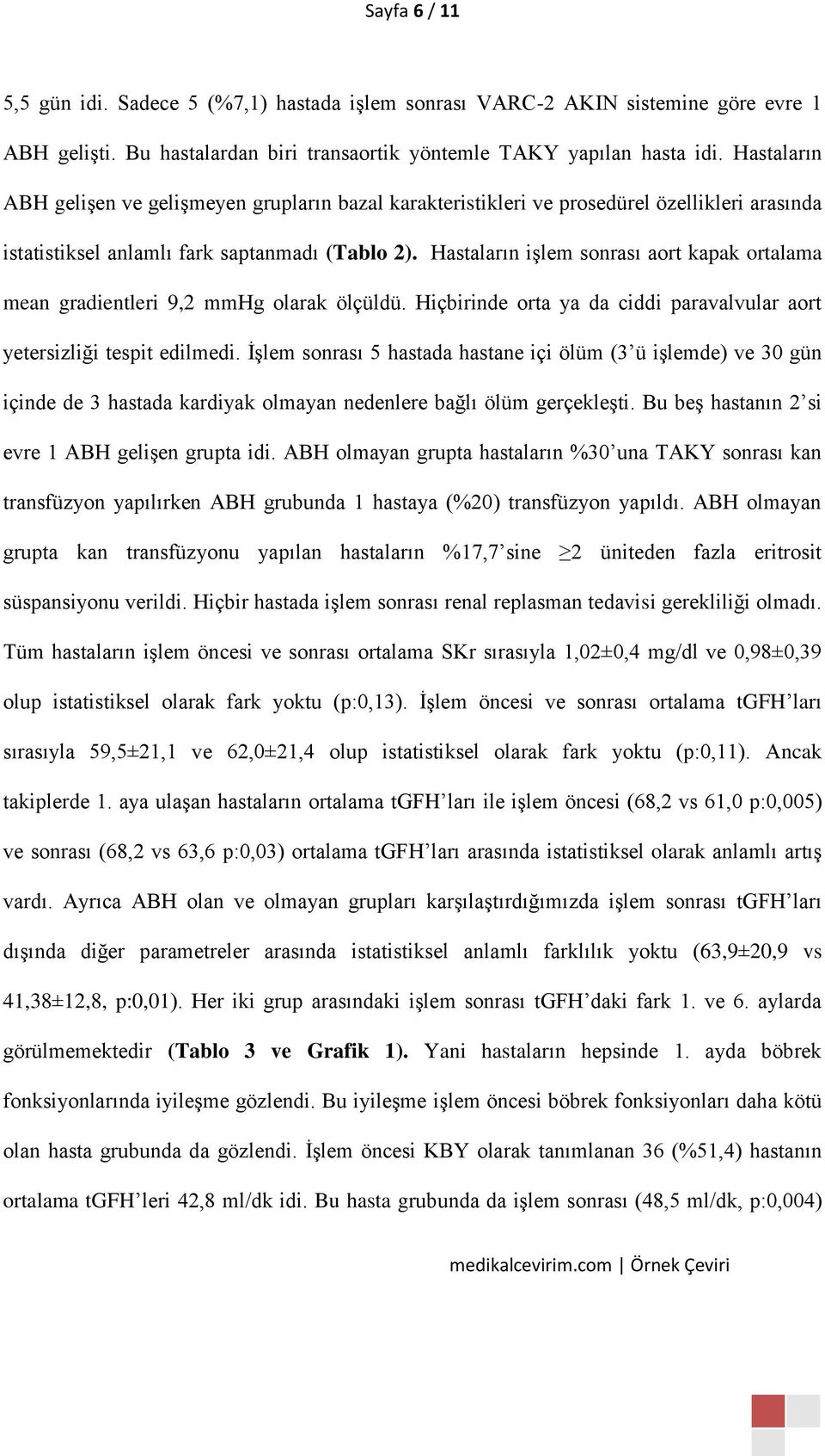 Hastaların işlem sonrası aort kapak ortalama mean gradientleri 9,2 mmhg olarak ölçüldü. Hiçbirinde orta ya da ciddi paravalvular aort yetersizliği tespit edilmedi.