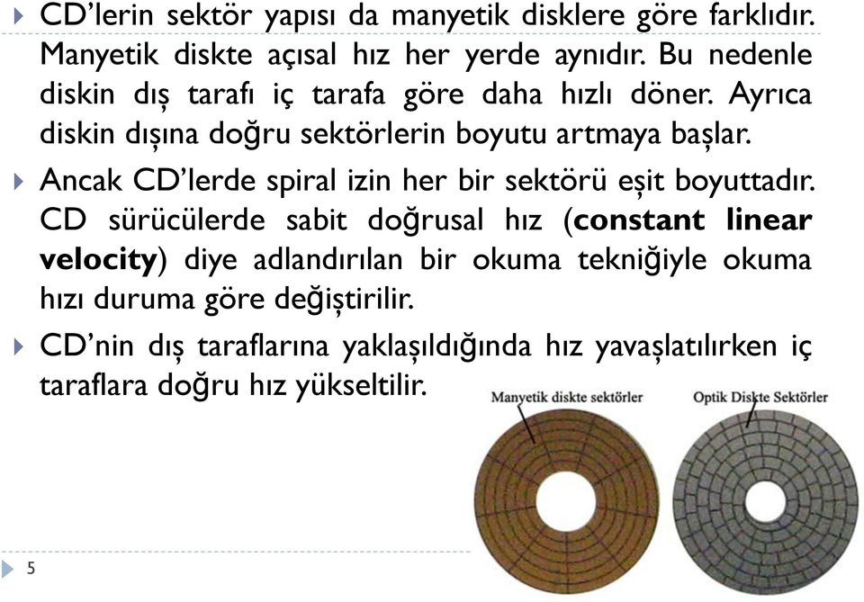 Ancak CD lerde spiral izin her bir sektörü eşit boyuttadır.